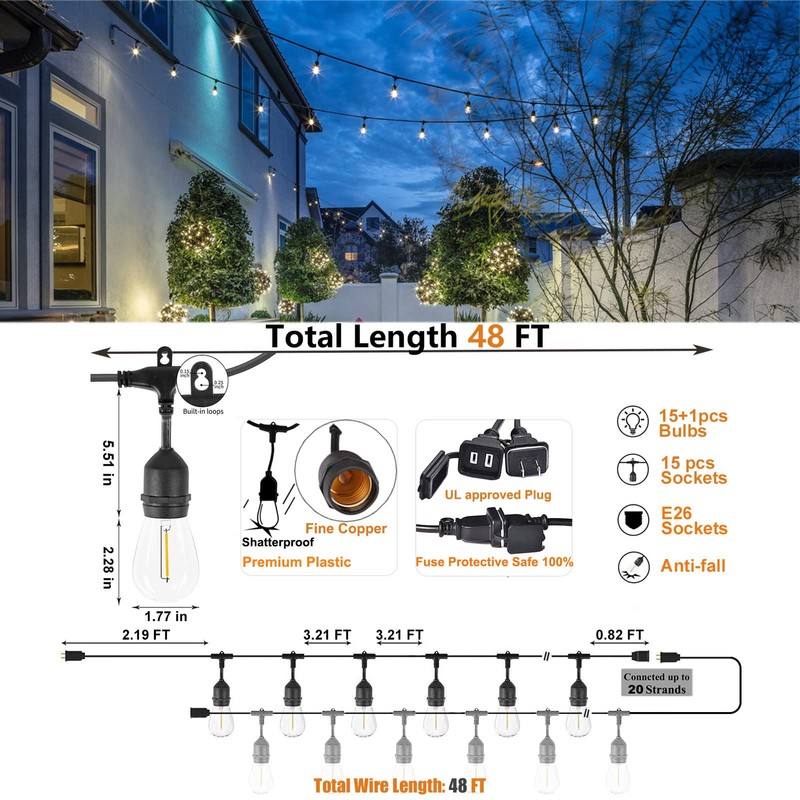 Achin Outdoor String Lights 48FT Dimmable Warm 2200K LED Patio