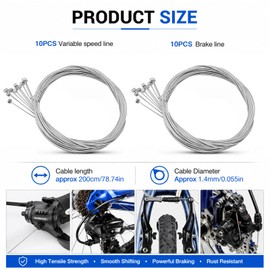 20 Pieces Bike Brake Cables Bike Gear Cable Set, 10 Pieces 2 m Brake Cables for Bicycles, 10 Pieces 2 m Gear Cables for Bicycles, Bicycle Brake Cable Brake Cable Kit for Mountain Road Bike Repair