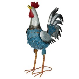 Alpine Corporation 23" Tall Outdoor Metal Silver Tail Rooster Statue with Vibrant Design, Garden Decor, Silver/Blue