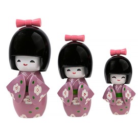 lachineuse Trio Japanese Kokeshis - Japanese Wooden Dolls - Mauve Kimono and Cherry Blossoms - Japanese Decorative Figurines - Traditional Japanese Kokeshis - Asian Decor Gift Idea