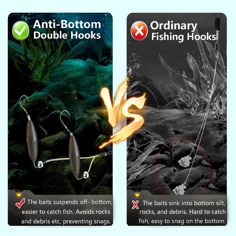 AMHDV Anti-Bottom Double Hooks, Pre Tied Fishing Hook with Floats