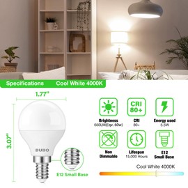 BUBO Ceiling Fan Light Bulbs, E12 LED Bulb 60W Equivalent, Small Base LED Light Bulbs 4000K Cool White, A15 Ceiling Fan Bulbs 120V, Candelabra Base LED Light Bulb 5.5W, 650LM, Non-Dimmable, 10 Pack