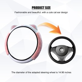 Car Steering Wheel Cover, Elastic Stretch Fluffy Soft Plush Steering Wheel Protector with Kitty Cat Ears, Cute Automotive Interior Decoration, Universal for Vehicles (Pink)