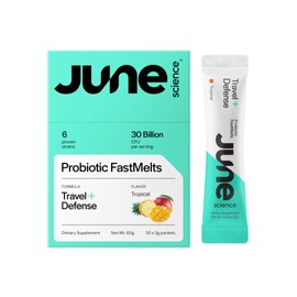 June Science Travel + Defense | Fast Melt Pre + Probiotic for Immune Health While Traveling - Tropical Flavor, 30 Powder Sachets
