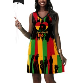 Womens Sleeveless June 19th Dress African Cultural Freedom Hands Outfit V-Neck Summer Dresses with Pockets S