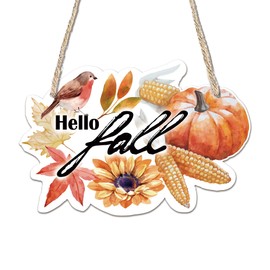"Hello Fall" Wooden Hanging Sign - 10"Autumn Wood Hanging Decoration,Rustic Thanksgiving Decorative - Applicable Porch Home Wall Indoor Outdoor Decor Or Holiday Gifts For Friends And Family - A04