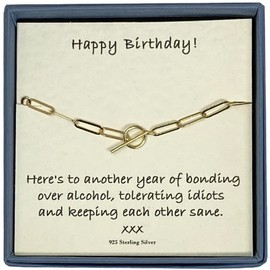 Strictly Gifts Happy Birthday Women's 24ct Gold-Plated Flattened Oval T-Bar Bracelet, Sterling Silver