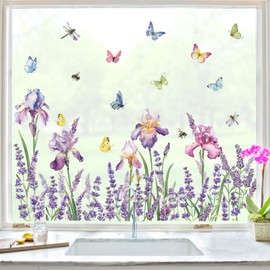 decalmile Iris Flower Lavender Window Clings Grass Butterflies Window Decals Anti-Collision Glass Window Doors Window Stickers(W: 116cm/45.7 Inches)
