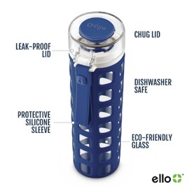 Ello Syndicate 20oz Reusable Glass Water Bottle with One-Touch Leak Proof Flip Lid and Protective Non-Slip Silicone Sleeve and Carry Loop for Coffee, Tea and Water, BPA-free Dishwasher Safe, Bold Blue