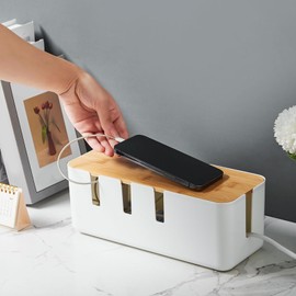 Cable Box Organizer - Wire Management Box | Wooden Cover Cord Case for Surge Protection for Home Kitchen Media Center Living Room Workstation Computer Desk