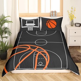 Basketball Court Print Bedding Set Twin Size,Ball Sports Games Themed Duvet Cover with 2 Pillowcases, Boys Game Room Decor Comforter Cover Orange Basketball and Hoop Quilt Cover Set (No Comforter)