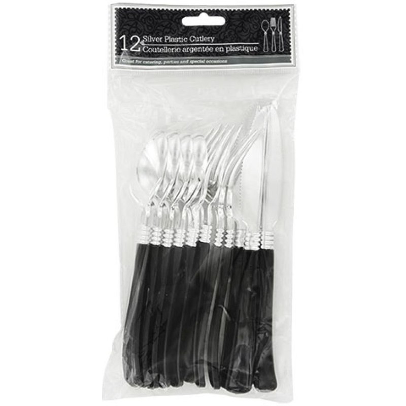 Plastic Flatware - Silver with Black Handles - 8 Place