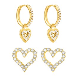 Heart Hoop Earrings Set, 2 Pairs Hypoallergenic Cartilage Huggie Hoop Earrings with Cubic Zirconia, Gold/Silver Piercings Hoop Earrings, Earrings Heart Hanging for Women, Copper