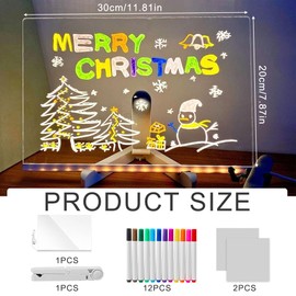 WDKXCN LED Notice Board, 30 x 20 cm Message Board with LED, Luminous Drawing Board, Acrylic LED Writing Board with Stand and 12 Colouring Pencils, Wipe Clean Light Board Children for Home Office