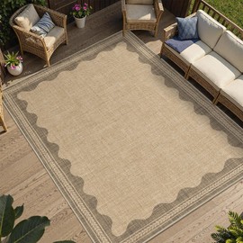 Easy Jute Rug 6x9 Outdoor Patio Rug Scalloped Washable Rugs for Living Room Bedroom Non Slip Neutral Farmhouse Indoor Outdoor Carpet for Backyard Patio Office