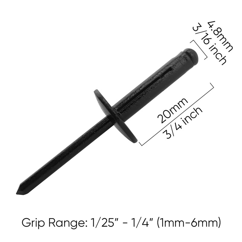 ALLCLEAN 3/16" x 3/4"Tri-Fold Large Head Rivets Assortment - 100Pcs,Black