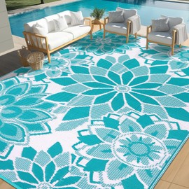 LOKHOM Outdoor Rug for Patio, 9' x 12' Reversible Plastic Straw Area Rugs Mat, Waterproof Mat for Camper Indoor Outdoor Carpet for Rv Deck Porch Picnic Beach Balcony, Teal & White