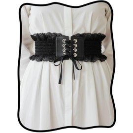 Urieo Lace Corset Belt with Ribbon Lacing, Black Waist Cincher, Victorian Style