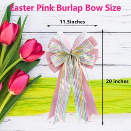 Large Easter Pink Burlap Bow with Bunny Ears, 11.5X 20 Inches Bow for Wreaths Gifts Tree Topper Gift Baskets Ornament Decorations, Springtime Party Favor for Easter Day