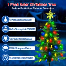 Upgraded 4FT Solar Christmas Tree with 100 LED C6 Bulb Lights, 250 Branch Prelit Xmas Tree Cemetery Grave Decorations, Waterproof Solar Christmas Yard Lights for Porch, Pathway, Yard, Cemetery, 1 Pack
