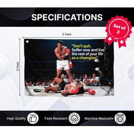 3X Motiv Sports Quote Polyester Flags 3x5 Ft with 4 Grommets - Rocky Inspirational Wall Single Sided Flag - Muhammad Motivation Quote Flags for Indoor and Outdoor - Cool Inspirational Funny Poster