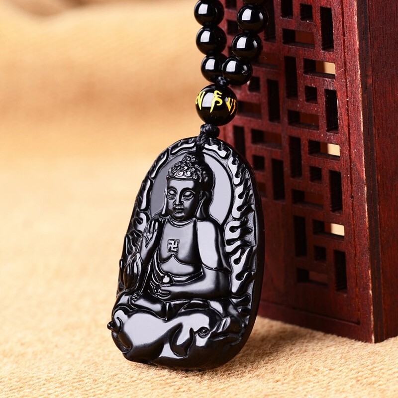 Collar con colgante natural de obsidiana natural y zodíaco Bodhisattva,