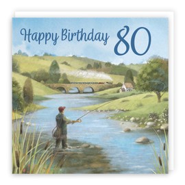 Hunts England - Fly Fishing Fun 80th Birthday Card - Milo's Gallery - Age 80 Sport Birthday Card - Birthday Card For 80 Year Old Fly Fishing Fan - Age Eighty