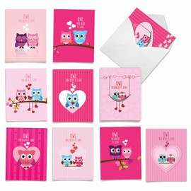 The Best Card Company - 10 Assorted Valentine's Day Note Cards (4 x 5.12 Inch) - Boxed Valentine Cards, Bulk Set with Envelopes - Owl You Need is Love M5665VDG-B1x10