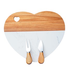 Heart Shaped Marble Cheese Board Cutting Board with Solid Wood and Marble Materials With knife and fork，suitable for Mother's Day, Valentine's Day, and birthday gifts