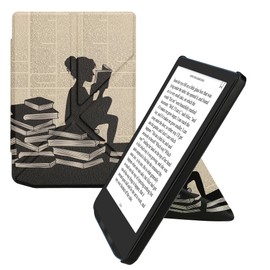 kwmobile Origami Case Compatible with Pocketbook Verse/Verse Pro/Verse Color/Vivlio Light/Light HD - Case Slim Premium PU Leather Cover with Stand - Girl and Books Black/Beige