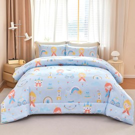 WINLIFE Full Size Comforter Set for Girls Blue Princess Rainbow Colorful Bedding Set Kids Girl 3PCS Fairytale Castle Floral Room Decor Bed Set, 1 Comforter and 2 Pillowcases (Blue,Full)