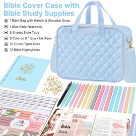 PUGPIU Bible Cover Case for Women, Large Quilted Bible Bag with Shoulder Strap and Handle, Bible Study Supplies Journaling Kit with Highlighters Pens No Bleed Tabs Notebook Cross Clips (Light Blue)