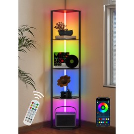 Corner Floor Lamp with Shelves, 5 Tiers Corner Shelf with Multiple Color LED Lights, Tall Display Shelf for Collectibles Curio, w/ APP and Remote Control Supports Dimming for Living Room Bedroom Home