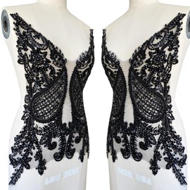 Zbroh Handmade Shining Rhinestones Lace Applique Handsewing Beads Patches Trimming Weddings Evening Party Prom Dresses Accessories 15X22in (Black)