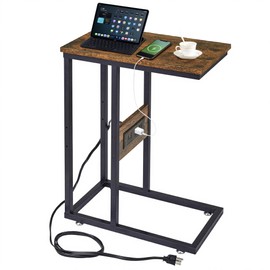 VECELO C-Shaped End Side Table with Charging Station & 2 USB Ports and Outlets for Living Room, Bedroom, with Adjustable Feet for Couch Sofa, Bedside, Small Spaces， Brown