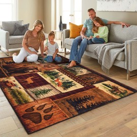 ASPMIZ Farmhouse Area Rug 5x7, Buffalo Plaid Lodge Bear Moose Deer Living Room Rugs Washable, Rustic Cabin Wildlife Bedroom Throw Rugs Non Slip Floor Carpet Large Brown, Vintage Country Home Decor