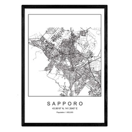 Nacnic Sheet of Sapporo City Map in Nordic Style Black and White A3 Size Poster Printed Paper No 250 g Paintings, Prints and Posters for Living Room and Bedroom
