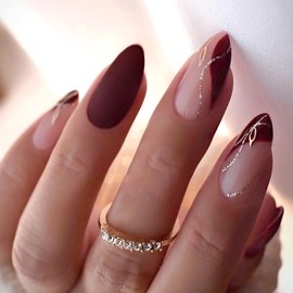 Wine Red Press on Nails Medium Almond - Nude Pink Fake Nails Red French False Nails Press ons with Glitter Gold Lines Design Full Cover Glossy Nail Tips Acrylic Nail Art Kit for Women 24 Pcs