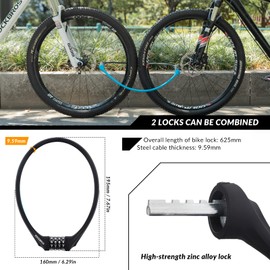 ROCKBROS Bike Lock High Security Bicycle Lock Cable Lock Combination Lock with 4-Digit Code 645/9.59mm Bike Padlock Scooter Lock for Cycling, Helmets, Motorcycles, Folding Bikes Black/Gray/Blue