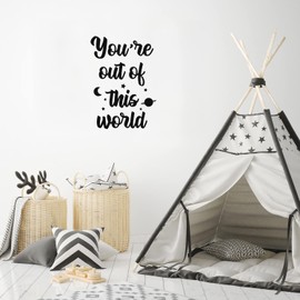 Vinyl Wall Art Decal - You're Out of This World - 24" x 17" - Modern Inspirational Cute Space Quote Sticker for Home Teen Bedroom Kids Room Nursery Makeup Mirror Decor (Black)