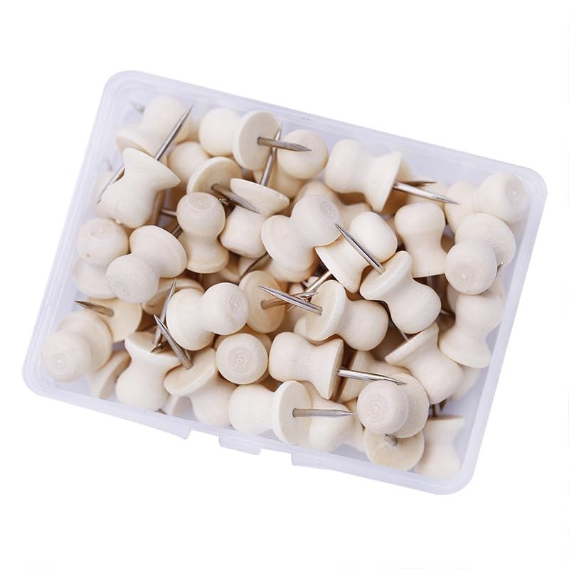 Pack of 50 wooden push pins, thumbtacks wood for cork
