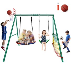 CYFIE Swing Set, Outdoor Playset Kids Saucer Swing, Belt Swing, Heavy Duty Metal Frame Swing Stand, Basketball Hoop Soccer Goal, Swing Sets Backyard, Playground, Park LL-RTQQ-D007 Green
