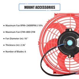 10" Electric Radiator Cooling Fan Assembly Kit, Universal High Performance 12V 80W Motor with Fan Mounting Kit - Red(2 Pack)