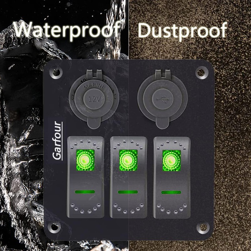 Garfour Green 3 Gang Boat Switch Panel DC 12V/24V with