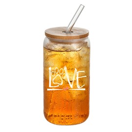 Wisedeal Love Paw Print Glass Cups 16 Oz - with Lids and Straws, Mothers Day, Birthday and Christmas Gifts, Perfect for Office, and Home Use