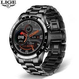 LIGE large disc steel band smart watch with exercise and sleep detection, wireless calls and long standby Wearable multiple sport wireless answer - Color: Black steel belt
