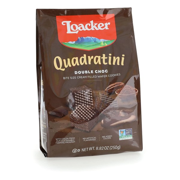 Loacker Quadratini Double Choc bite-size Wafer Cookies| LARGE Pack of 1 | Crispy Wafers with 4 creamy layers of finest Cocoa cream filling | great for snacks & desserts | Non GMO | No artificial flavorings, added colors or preservatives | 8.82 oz
