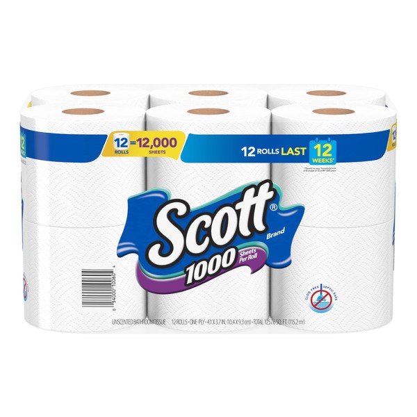 Scott 1000 Sheets Per Roll Toilet Paper, 12 Rolls, Bath Tissue