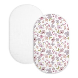 Bassinet Sheet for Baby Boy and Girl 2 Pack, Fitted Sheets for Rectangle, Oval, Hourglass Bassinet Mattress, Muslin Moses Basket Sheets with Neutral Style(Purple Petals & White)