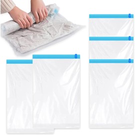 WORSETUY Roll Up Compression Bags, 5 Pack Reusable Vacuum Storage Bags for Travel, Including 3 Pack 35x50cm and 2 Pack 60x40cm, Saving Space in Suitcase(No Pump Required)